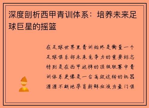 深度剖析西甲青训体系：培养未来足球巨星的摇篮