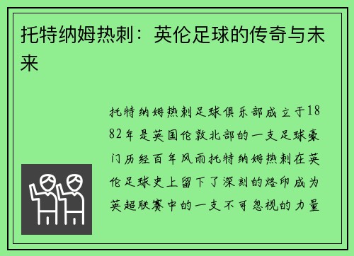 托特纳姆热刺：英伦足球的传奇与未来