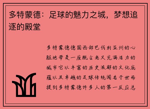 多特蒙德：足球的魅力之城，梦想追逐的殿堂