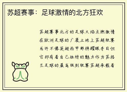 苏超赛事：足球激情的北方狂欢